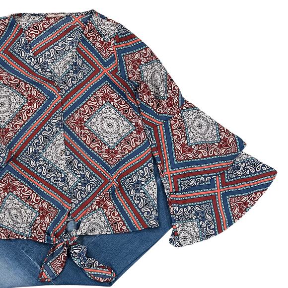 Altar'd State Blue & Red Patch Bandana Pattern Print Front Tie Top - SIZE M - Picture 3 of 7